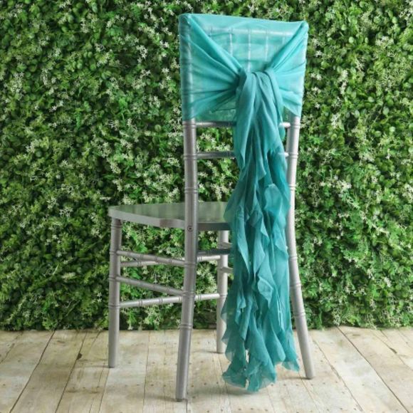 1 Set Turquoise Chiffon Hoods With Ruffles Willow 250 Chair Sashes - Picture 1 of 3